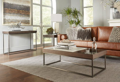 ENNIS END TABLE IN BROWN SABLE Eigentijdse Luxe – Dubbelbladige Bijzettafel met Jazz Marmer en Walnootfineer
