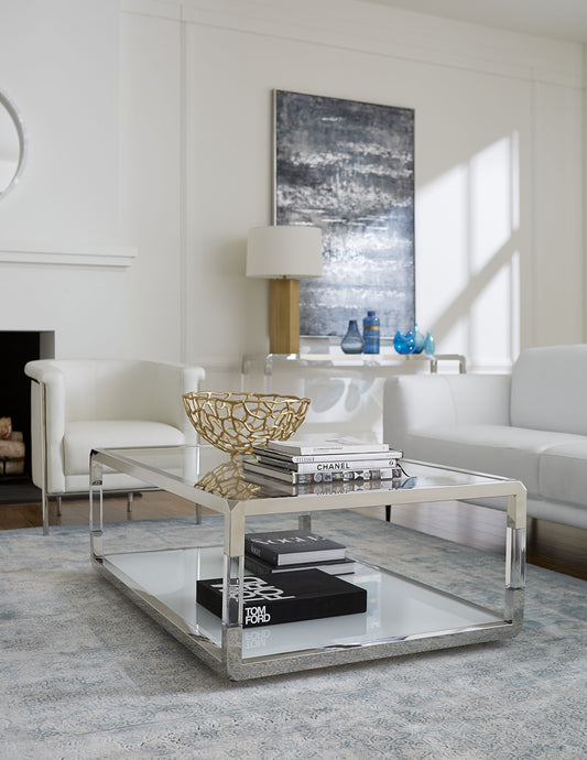 JASPER RECTANGLE COFFEE TABLE IN ACRYLIC, WHITE GLASS AND POLISHED STAINLESS STEEL Moderne Luxe in Zwevend Design – Salontafel met Glans en Transparantie