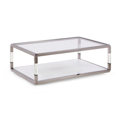 JASPER RECTANGLE COFFEE TABLE IN ACRYLIC, WHITE GLASS AND POLISHED STAINLESS STEEL Moderne Luxe in Zwevend Design – Salontafel met Glans en Transparantie
