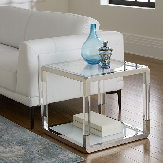 JASPER END TABLE IN ACRYLIC, WHITE GLASS AND POLISHED STAINLESS STEEL Modern Design met Kristalheldere Klasse – Bijzettafel met Glas, Acryl en RVS
