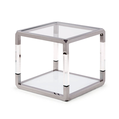 JASPER END TABLE IN ACRYLIC, WHITE GLASS AND POLISHED STAINLESS STEEL Modern Design met Kristalheldere Klasse – Bijzettafel met Glas, Acryl en RVS