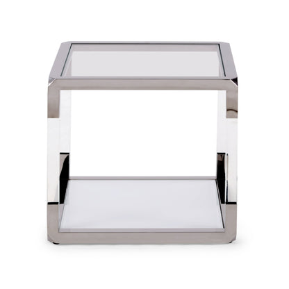 JASPER END TABLE IN ACRYLIC, WHITE GLASS AND POLISHED STAINLESS STEEL Modern Design met Kristalheldere Klasse – Bijzettafel met Glas, Acryl en RVS