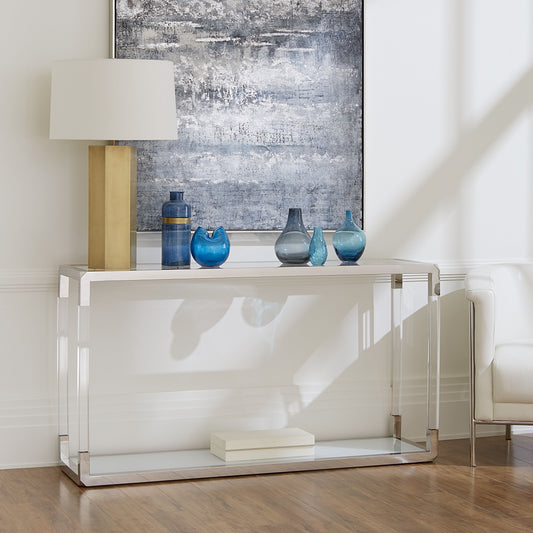 JASPER CONSOLE TABLE IN ACRYLIC, WHITE GLASS AND POLISHED STAINLESS STEEL Luxe Transparantie – Strakke Console met Witte Glasplaat en RVS Accenten