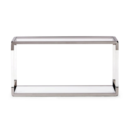 JASPER CONSOLE TABLE IN ACRYLIC, WHITE GLASS AND POLISHED STAINLESS STEEL Luxe Transparantie – Strakke Console met Witte Glasplaat en RVS Accenten