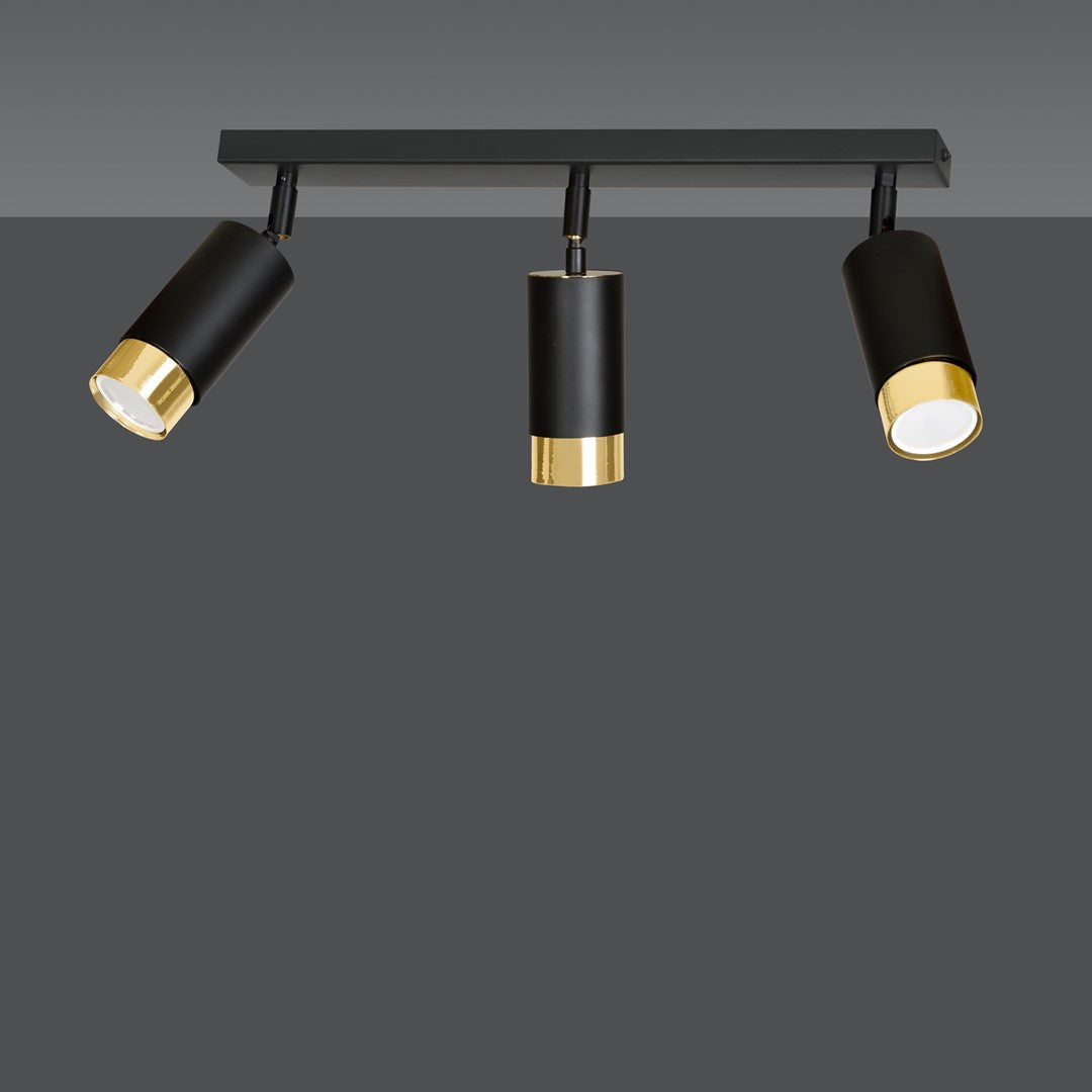 HIRO 3-BL-GOLD Spotlamp – Stijlvolle 3-lichts plafondspot in zwart met gouden accenten voor gerichte sfeerverlichting