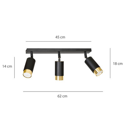 HIRO 3-BL-GOLD Spotlamp – Stijlvolle 3-lichts plafondspot in zwart met gouden accenten voor gerichte sfeerverlichting