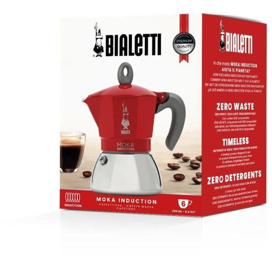 Bialetti New Moka Induction – Traditioneel Italiaans Koffiezetapparaat voor 6 Kopjes (0,28 L) – Rood Design