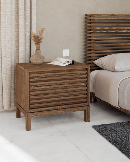 TANNER TWO DRAWER ASH WOOD NIGHTSTAND Roux – Warme Japandi-Charme voor de Slaapkamer