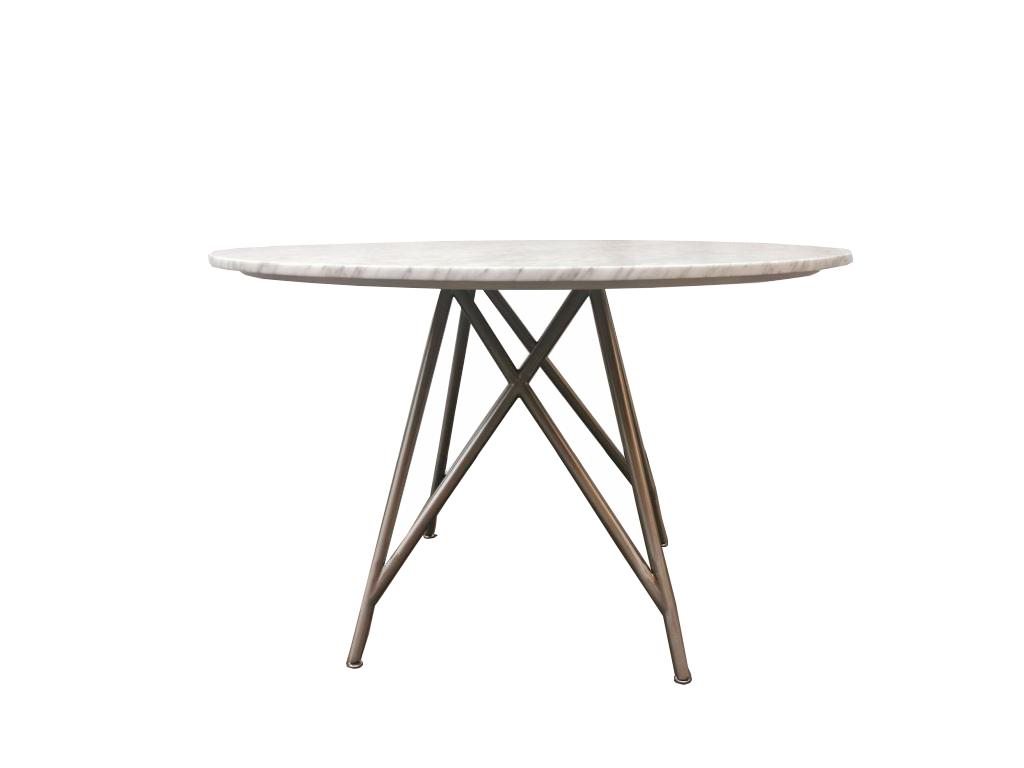 CORAL ROUND DINING TABLE IN MARBLE AND BRUSHED STAINLESS STEEL Tijdloze Elegantie – Ronde Eettafel van Carrara Marmer met Strakke RVS Basis