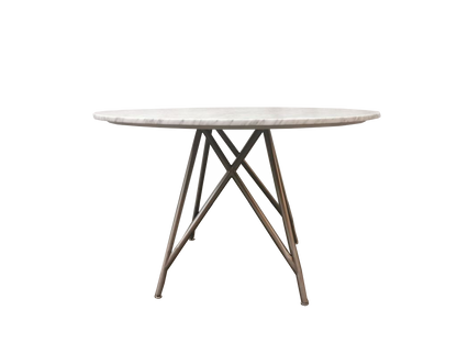 CORAL ROUND DINING TABLE IN MARBLE AND BRUSHED STAINLESS STEEL Tijdloze Elegantie – Ronde Eettafel van Carrara Marmer met Strakke RVS Basis