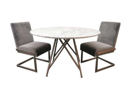CORAL ROUND DINING TABLE IN MARBLE AND BRUSHED STAINLESS STEEL Tijdloze Elegantie – Ronde Eettafel van Carrara Marmer met Strakke RVS Basis