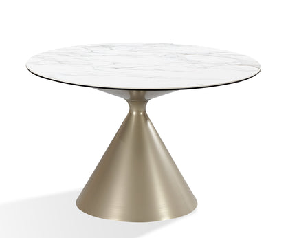 WINSTON STONE TOP METAL BASE ROUND DINING TABLE IN OAT MILK AND CHAMPAGNE Modern Tafeldesign met Velvet Luxe – Stijlvolle Eettafel voor de Nieuwe Generatie