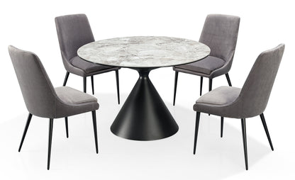 WINSTON STONE TOP METAL BASE ROUND DINING TABLE IN GRIGIO Stijlvol Tafelen met Karakter – Ronde Eettafel van Sintersteen en Staal