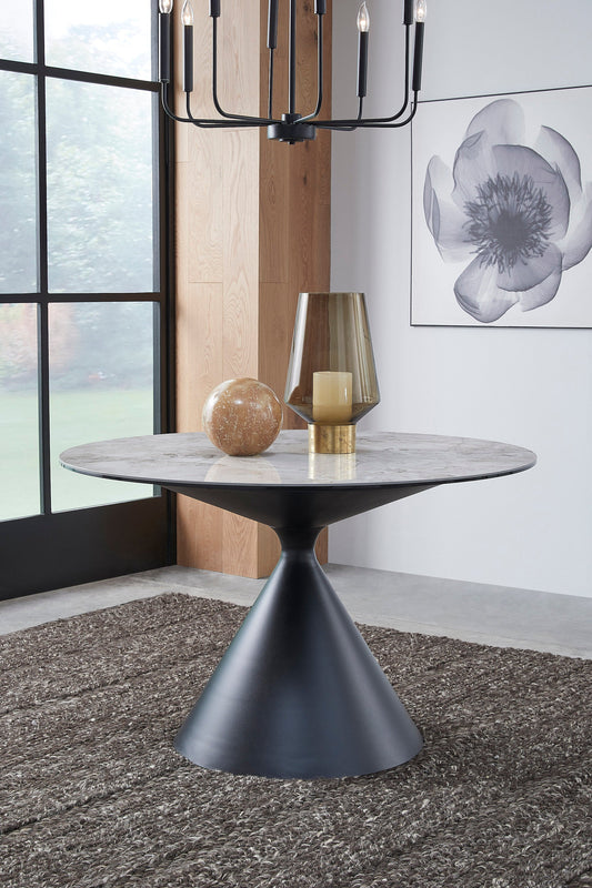 WINSTON STONE TOP METAL BASE ROUND DINING TABLE IN GRIGIO Stijlvol Tafelen met Karakter – Ronde Eettafel van Sintersteen en Staal