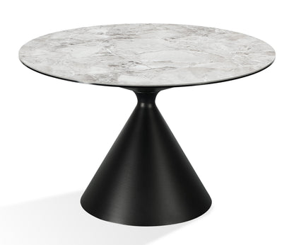 WINSTON STONE TOP METAL BASE ROUND DINING TABLE IN GRIGIO Stijlvol Tafelen met Karakter – Ronde Eettafel van Sintersteen en Staal