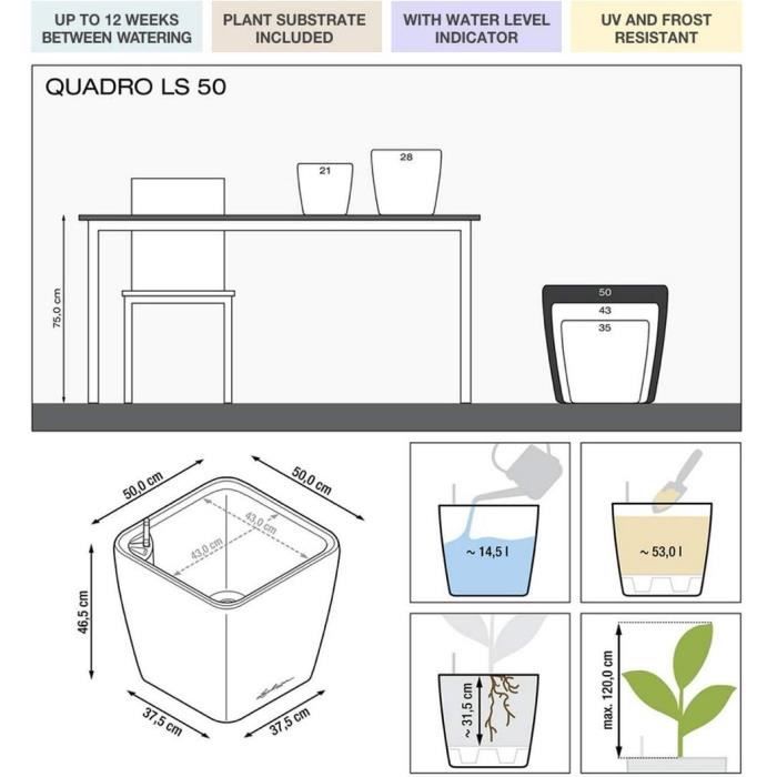 LECHUZA Quadro Premium LS 50-bloempot – Volledige set met luxe glans in scharlakenrood