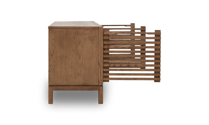 TANNER FOUR DOOR ASH WOOD MEDIA CONSOLE IN ROUX Japandi Perfectie in Aards Bruin – Slimme Mediakast met Stijl en Functionaliteit