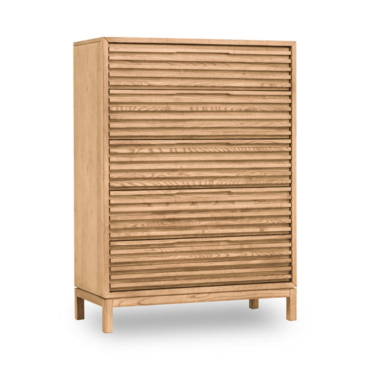 TANNER FIVE DRAWER ASH WOOD CHEST IN FLAXEN Japandi Kalme Stijl – Elegante Hoogkast in Massief Essenhout