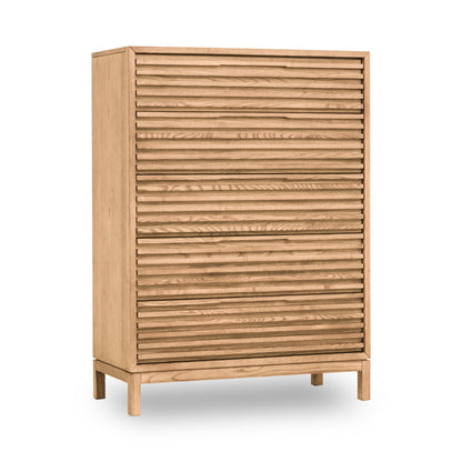 TANNER FIVE DRAWER ASH WOOD CHEST IN FLAXEN Japandi Kalme Stijl – Elegante Hoogkast in Massief Essenhout