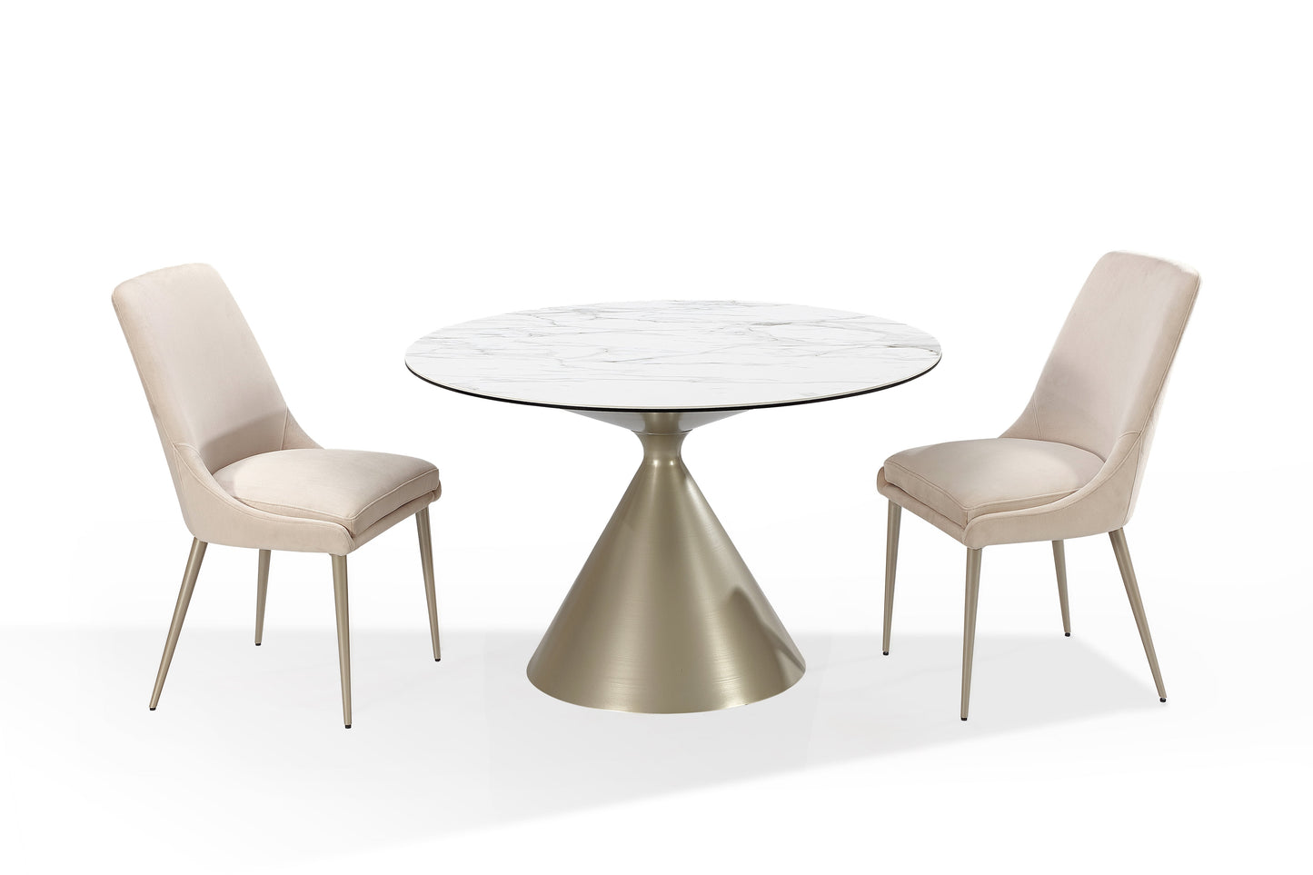 WINSTON STONE TOP METAL BASE ROUND DINING TABLE IN OAT MILK AND CHAMPAGNE Modern Tafeldesign met Velvet Luxe – Stijlvolle Eettafel voor de Nieuwe Generatie
